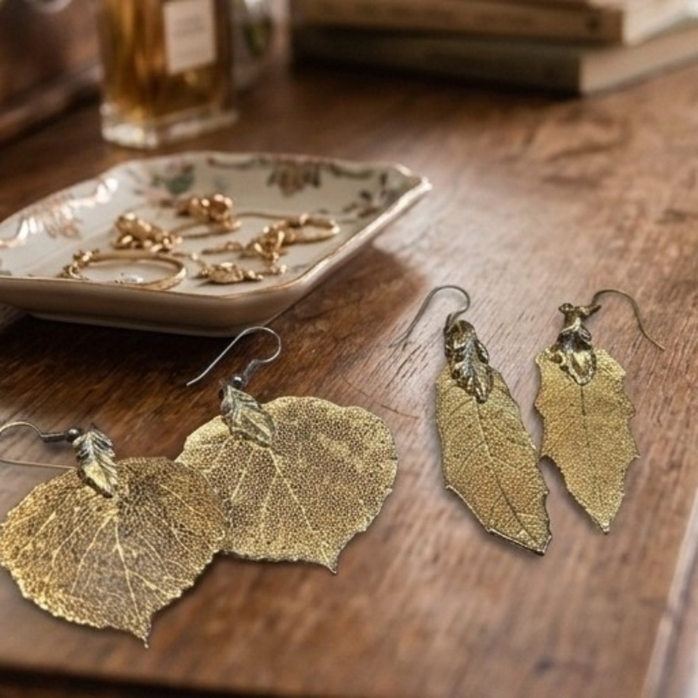 VTG Gold Dipped Real Leaf Earrings Set Aspen and Holly Skeleton Filigree Dangle